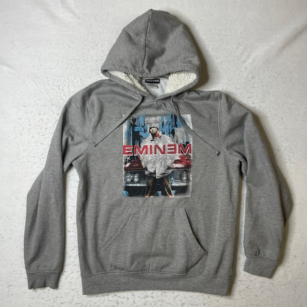 Eminem Graphic Hoodie Mens Size Medium Gray Sherpa Lined Hood Rap Tee Merch 2021